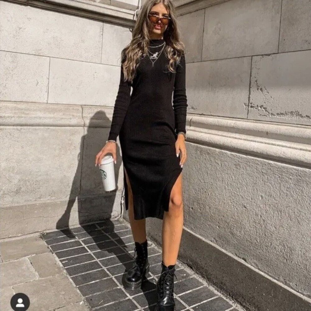 Kangol X H&M Womens L Black Long Sleeves Embroidered Ribbed Knit Bodycon Dress